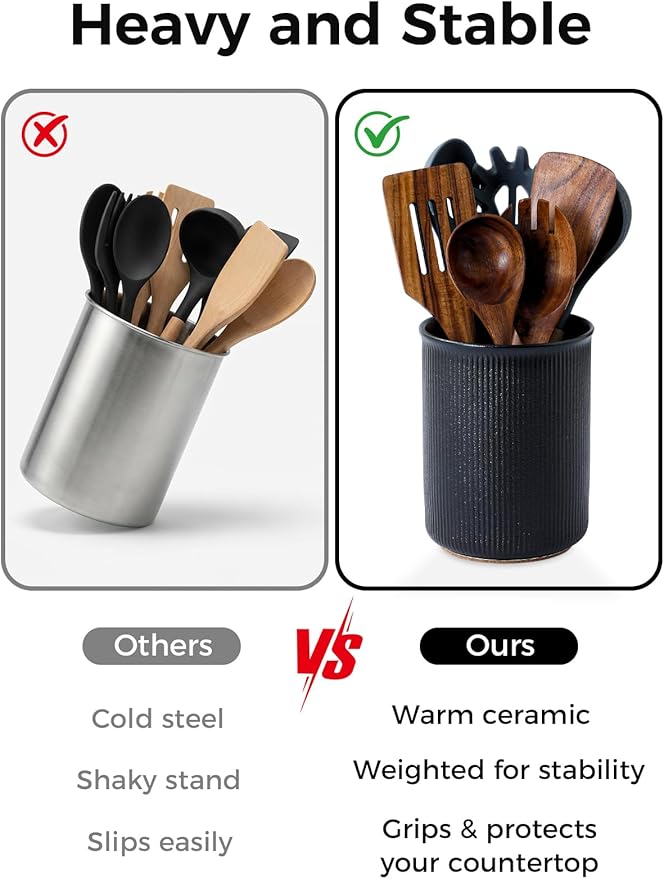 LoeJan Utensil Holder, Extra Large Utensil Crock, Stable Ceramic Utensil Organizer, Cooking Tool Organizer Set for Kitchen Counter Farmhouse Décor, Textured Black