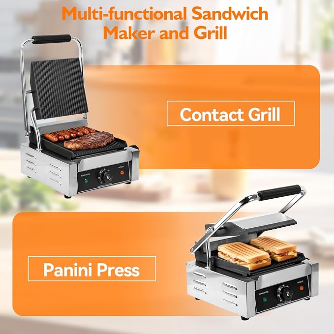 1800W Indoor Electric Grill & Double-Sided Griddle, 50-300°C Adjustable Temperature, 9.1x9.4" Non-Stick Surface for Grilling Steak, BBQ, Sandwiches & Panini, Commercial & Home Kitchen Use