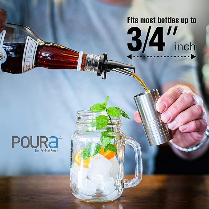 Poura 4 Liquor Pour Spouts (Black) with Built-in Caps for Optimal Fly & Dust Protection - Dishwasher Safe, Hygienic Spouts - with 2 Adapters for Large Neck Bottles