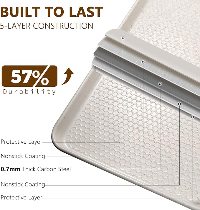 Wildone Baking Sheet Pan Set, Honeycomb Embossed Nonstick Baking Sheet 15x10 In, Thicker Carbon Steel Cookie Sheet, Even Heating Jelly Roll Pan, White, 2 Pack
