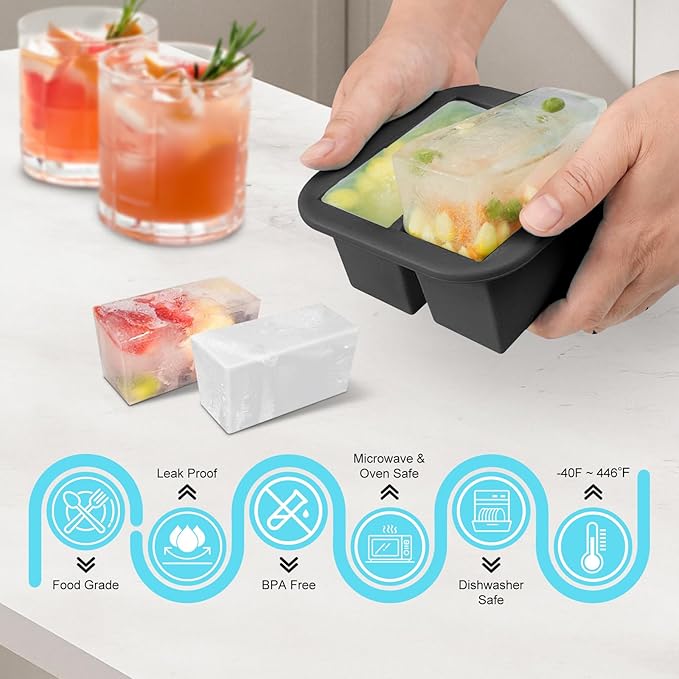 Silicone Freezer Tray with Lid 4 Pack Silicone Freezer Molds Ice Cube Tray Makes 8 Perfect 1 Cup Portions Soup Cubes Meal Prep Containers- Oven & Dishwasher Safe