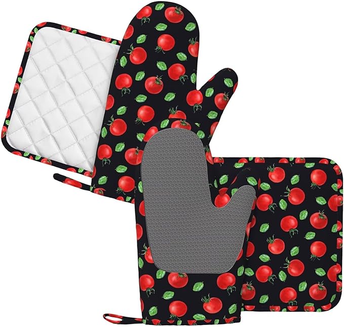 Cherry Tomatoes and Leaves Oven Mitts and Pot Holders Sets Silicone Kitchen Oven Mitts Hot Pads Heat Resistant Potholders Kitchen Mitts Set for Baking BBQ Cooking