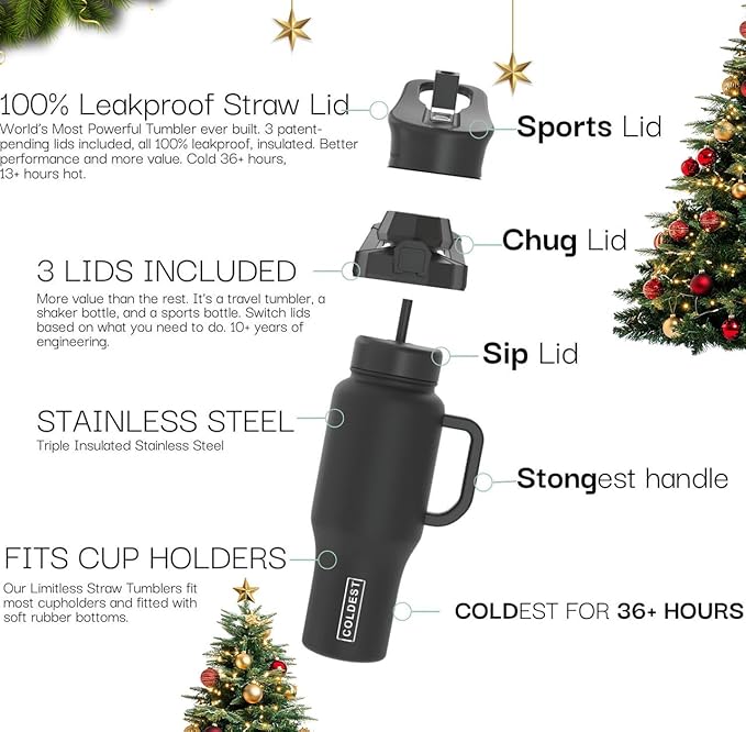 Coldest Tumbler with Handle and Straw, 100% Leak Proof Insulated Tumbler with Lid and Straw (3 Lids), Stainless Steel Tumblers for Women & Men, Cup Holder Friendly Base, 46 oz (The Persian)
