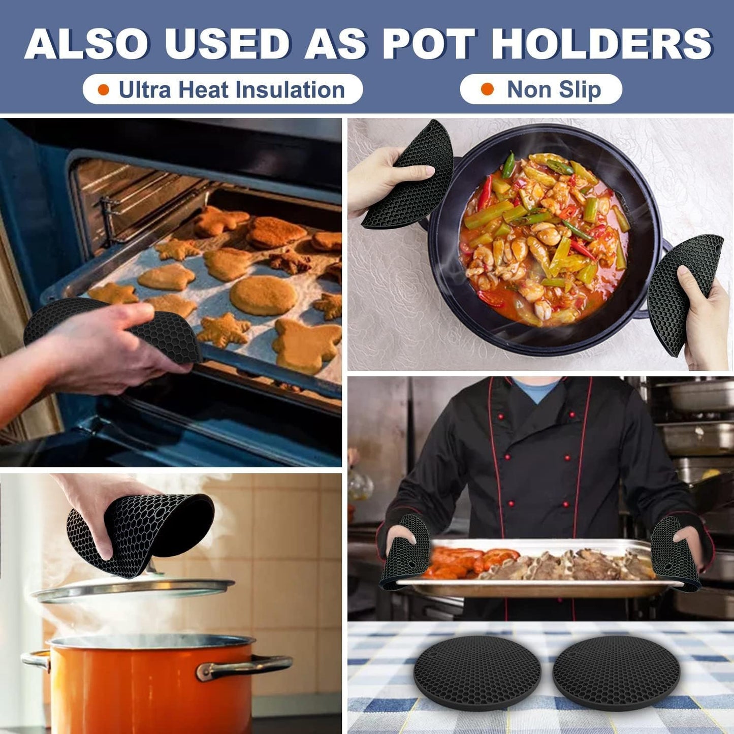 Walfos XXL Silicone Trivet 16 Inch and Round Trivets 9 Inch & 7 Inch, Trivets for Hot Pots and Pans, Heat Resistant Pot Holders Hot Pads for Kitchen Quartz Countertops, Hot Dishes, 5 Pack, Black