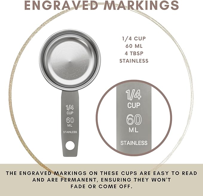 1/4 Cup Stainless Steel Measuring Cup | Sturdy Metal 60 ml | 60 cc | 2 oz | Single Cup for Wet and Dry Ingredients | Great for use as 1/4 Cup Dog Food Scoop - 1 PK