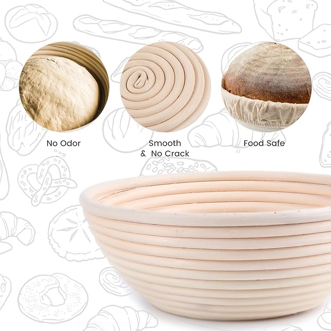 DOYOLLA Round Bread Dough Proofing Rising Rattan Baskets(Set of 2, 9 inch) w/Liners for Home Sourdough Bread Bakers