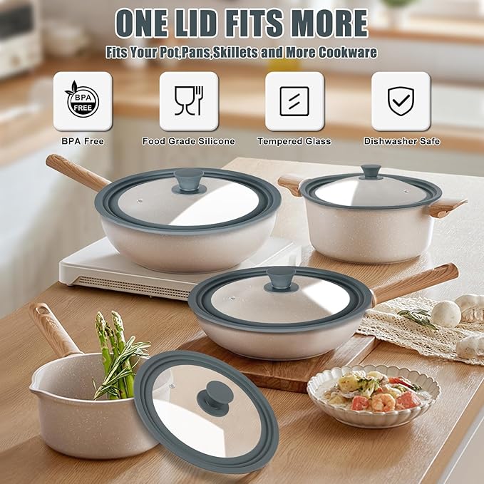 Universal Lid for Pots, Pans, and Skillets - Silicone Replacement Pan Lid - Tempered Glass Pot Lid Cover for Frying Pans, Cast Iron, CrockPot (10-11-12 inch)