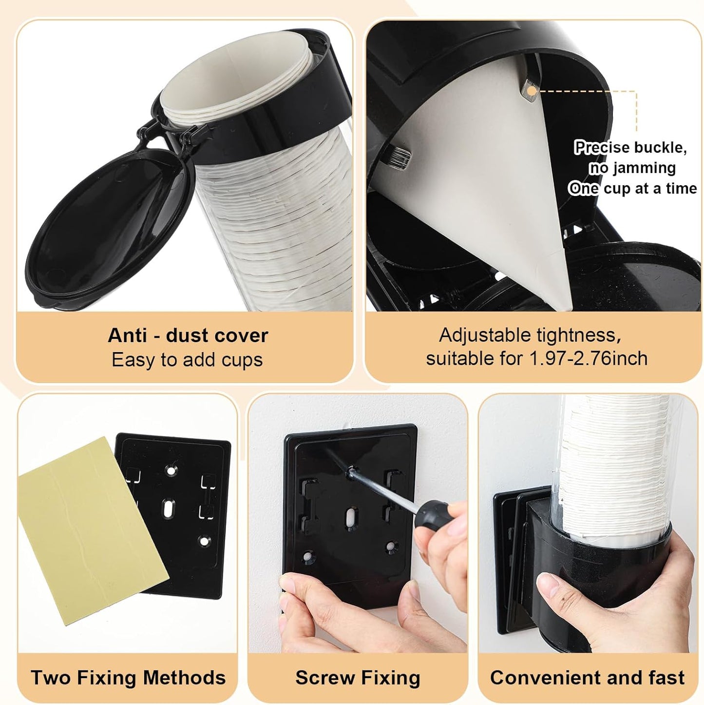Roshtia 1400 Pcs 4 oz Paper Cone Cups Thicken Disposable with 1 Cups Dispenser Pull Type Wall Mount Cup Holder Paper for Restaurants, Home, and Office, and Shaved Ice, Cold (Black)