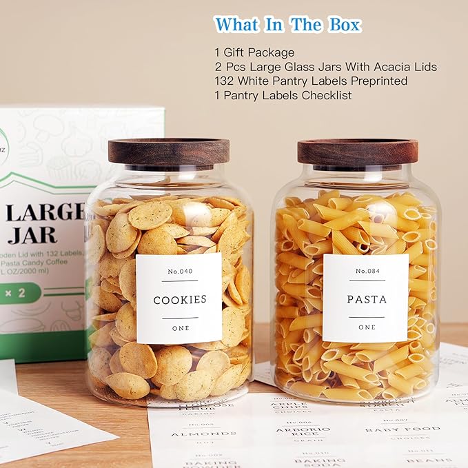 CZHQSMZ Set Of 2 Large Glass Jar with Wooden Lid with 132 Labels, Glass Storage Jars for Flour Pasta Candy Coffee Cookie and More(70 FL OZ/2000 ml)