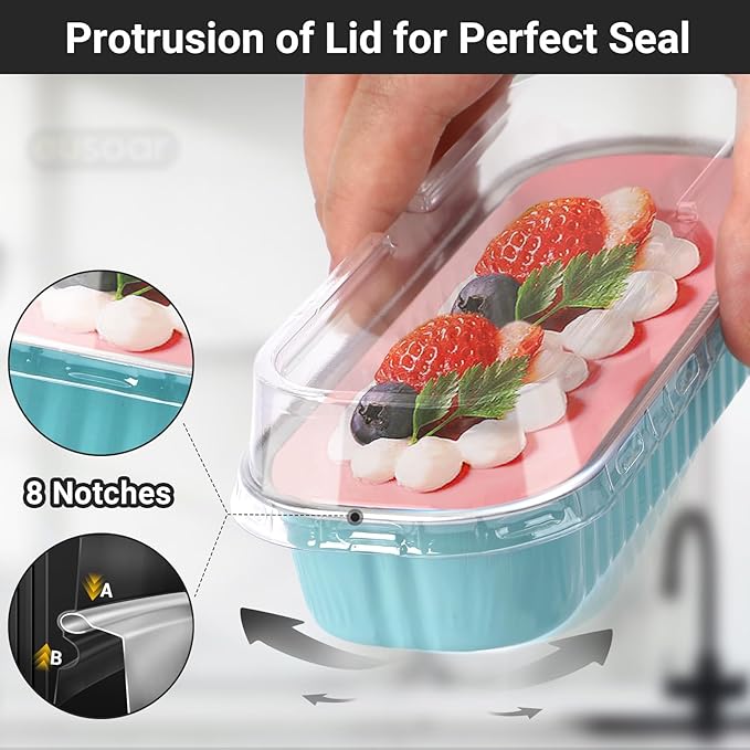 EUSOAR Baking Cups with Lids, 25pcs 6.8oz 6.5"x2.5"x1.2" Disposable Aluminum Foil Mini Loaf Cake Pans Tin with Lids，Cupcake Ramekins Baking Cups Containers Cheesecake Creme Brulee Ramekins Pan
