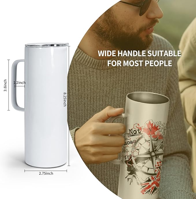 AGH 20OZ Sublimation Straight Skinny Tumbler with Handle, 30Pack Stainless Steel Tumblers with Lids and Straws,Blank Coffee Mug with Handle, Blank Insulated Travel Mugs for Coffee,Juice