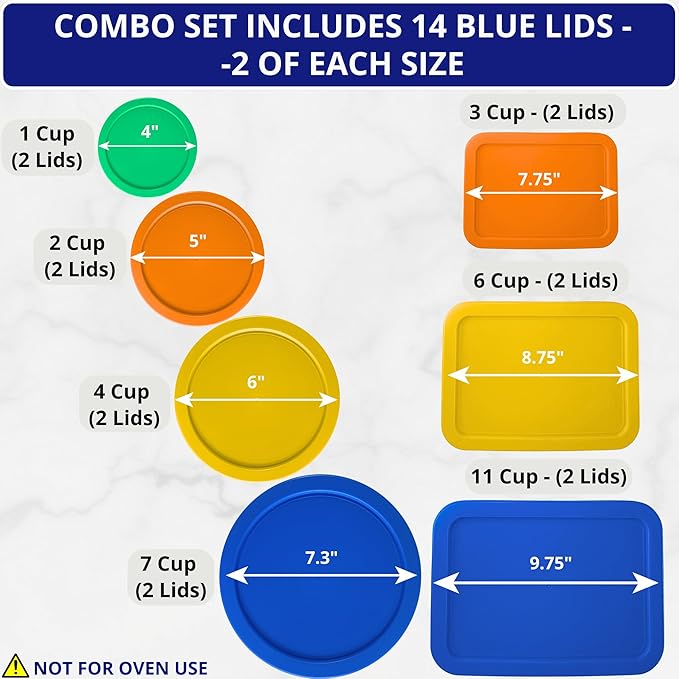 1, 2, 4 & 7 Cup Round & 3, 6, 11 Cup Rectangle Replacement Lids/Covers for Pyrex, Anchor Hocking & KlareWare Storage Bowls *Lids Only -Glass Container Not Included*, 14 Pack *2 of Each Size*