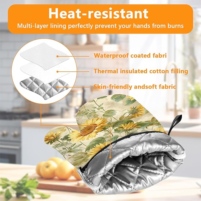 Sunflower Oven Mitts and Pot Holders Sets 4Pcs Silicone Non-Slip Mitts Heat Resistant Gloves Hot Pads for Kitchen Cooking Baking Grilling BBQ