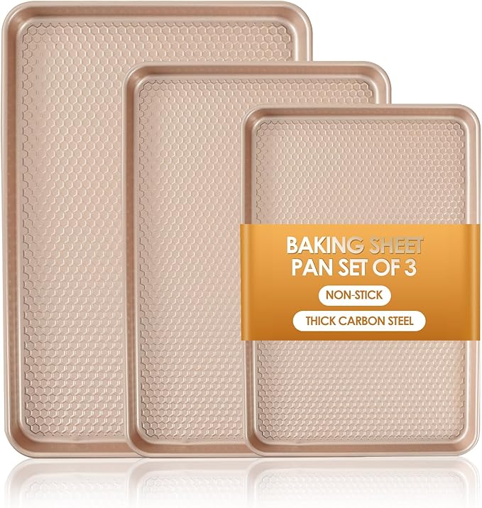 Baking Sheet Pan Set of 3, Nonstick Carbon Steel Cookie Sheets with Texture, Commercial Half/Quarter/Jelly Roll Pans Replacement Toaster Oven Tray, Heavy Duty & Easy Clean, Rose Gold