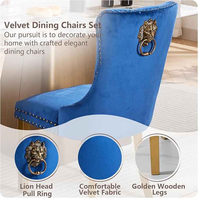 Velvet Dining Chairs Set of 4, Modern Tufted Dining Room Chair, Upholstered Dining Chairs with Lion Head Pulls Ring and Golden Solid Wood Legs, Luxury Kitchen Chairs for Dining Room, Blue