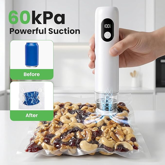Portable Handheld Vacuum Sealer, Cordless Food Vacuum Sealer Machine for Home & Travel, 1500mAh 60kPa Rechargeable Vacuum Sealer for Food with 30 Bags, for RV, Camping, and Meal Prep