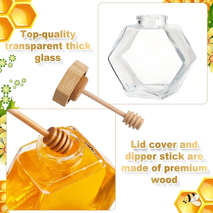 Sunnyray 8 Pcs Glass Honey Jars with Dipper Hexagonal Clear Glass Dispenser Small Honey Containers Bottle with Wooden Dipper and Cork Lid for Home Storage Kitchen (220 ml)