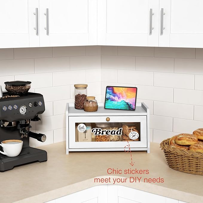 Goozii White Bread Box for Kitchen Countertop, Modern Counter Breadbox for Homemade Bread, Large Corner Bread Storage Container for Sourdough Loaf Organizers and Storage (White Bamboo Wood)