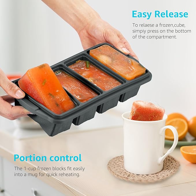 Ztomine Silicone Freezer Tray With Lid - Silicone Freezer Food Molds- Large Ice Cube Tray,Silicone Freezer Container,Freeze & Store Soup, Sauce, Broth,Leftovers - Makes 4 Perfect 1 Cup