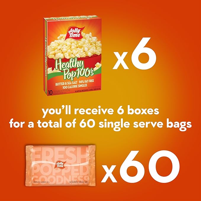 Jolly Time Healthy Pop Microwave Popcorn, 1.2oz Personal Bag, 10 Bags Per Carton (Healthy Pop 100's - Butter & Sea Salt,1.2 Ounce (Pack of 60))