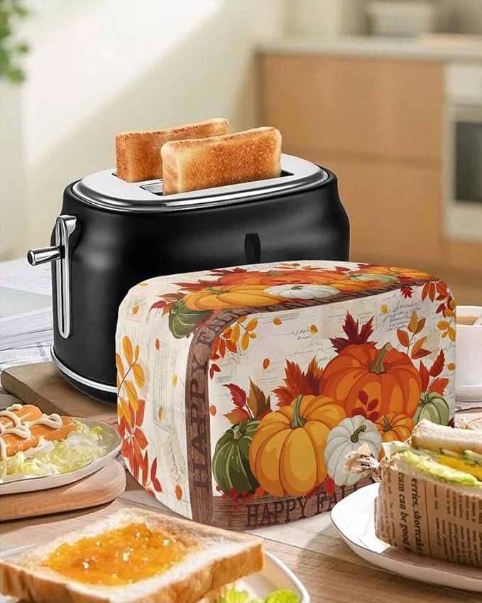 Orange Pumpkins Fall Toaster Cover 2 Slice, Thanksgiving Maple Leaf Dustproof Bakeware Oven Protector with Top Hook, Autumn Retro Waterproof Small Kitchen Appliance Toasters Dust Cover, 12"x7.5"x8"