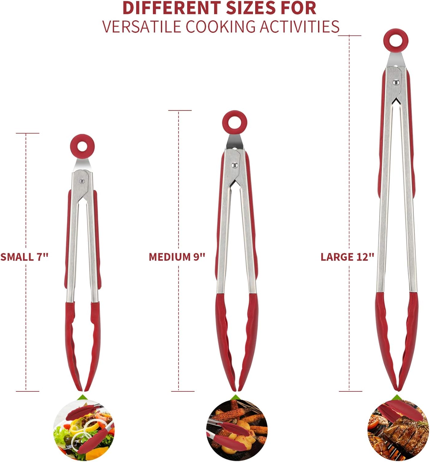 U-Taste Kitchen Tongs, 7/9/12 inches Cooking Tongs, with 480ºF High Heat-Resistant Non-Stick Silicone Tips, 18/8 Stainless Steel Handle, for Food Grill, Salad, BBQ, Frying, Serving, Pack of 3 (Red)
