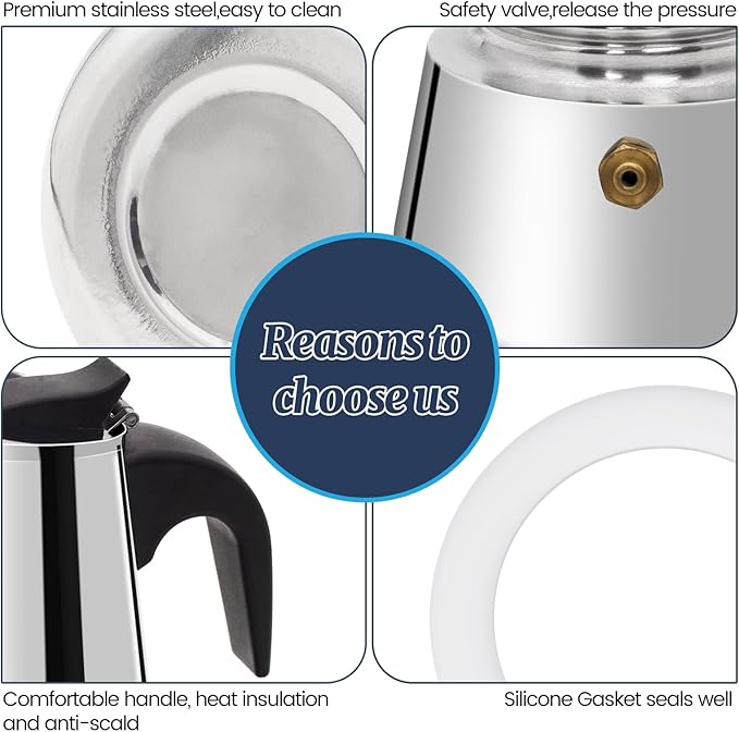9 Cup Moka Pot Stainless Steel 450ml Italian Espresso Coffee Maker Stovetop Coffee Makers Mocha Pot Percolator Greca Coffee Maker for Induction Stove Portable for Easy Brewing Tummy