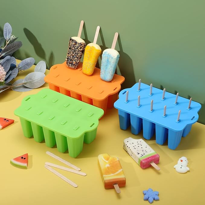 Hoolerry 4 Set Silicone Ice Lolly Molds, Reusable Ice Cream Molds with 200 Wooden Sticks, Easy Release Pop Maker, Frozen Treat Mold for Homemade, Red, Blue, Green, Orange(10 Cavities)