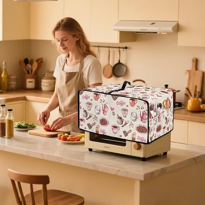 Toaster Oven Dust Cover Dustproof Stylish Convection Microwave Ovens Cover Stain-resistant Small Countertop Appliance Protector, S, Coffee Mocha Pot Beige Pink