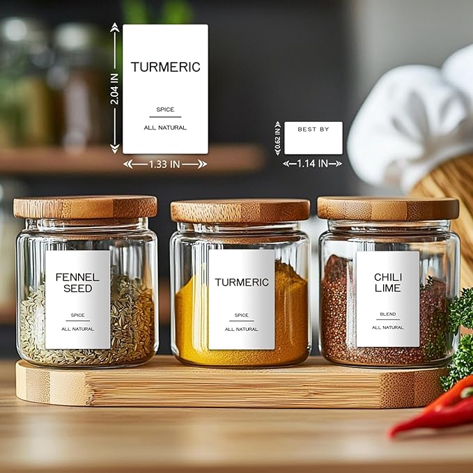 201 Spice Jar Labels - Preprinted Minimalist Waterproof Stickers for Kitchen Jars, Herb & Seasoning Labels for Pantry Organization
