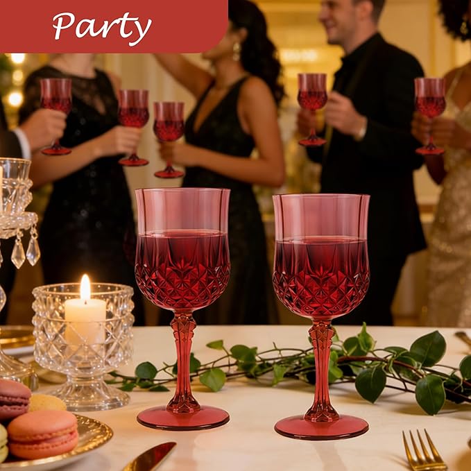 Plastic Wine Glasses, Plastic Goblets Vintage Style Cordial Unbreakable Drinking Glasses, Reusable Drinkware for Wedding Reception, Grand Event Party Supplies, Mother's Day (48, Burgundy)