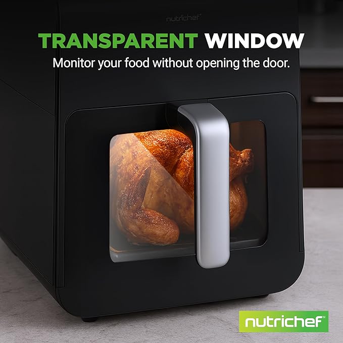 Nutrichef Electric Air Fryer Large 6.3 Quart Capacity | 12-1 Preset Cooking Functions | Includes Tenderizing Function | Digital Display | Transparent Window For Best Cooking Results | Black