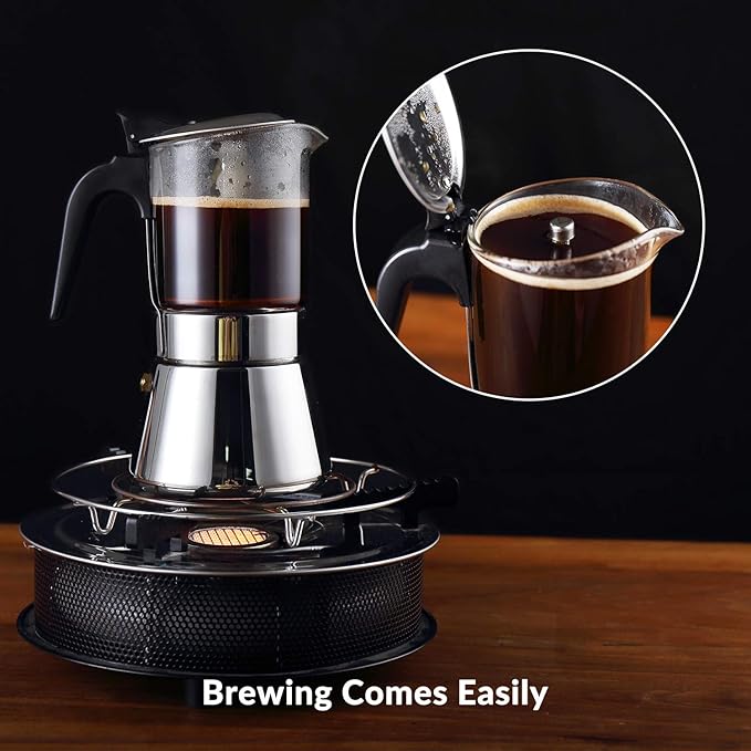 Geesta Premium Crystal Glass-Top Stovetop Espresso Moka Pot - 4/6/ 9 Cups - Stainless Steel Coffee Maker- 160ml/5.6oz/4 cup (espresso cup=40ml)