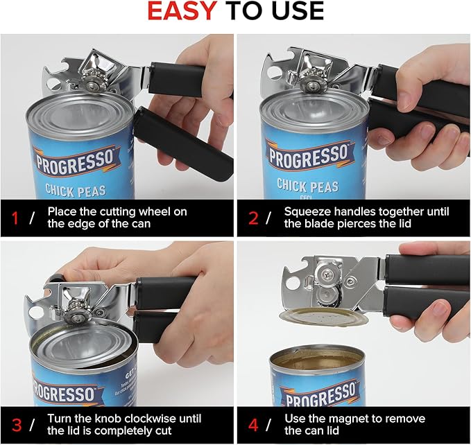 MARSWELL Manual Can Opener with Comfy Grip, Easy Turn Knob & Magnetic Lid Lifter, Smooth Cutting Hand Held Can Opener for Seniors, Arthritis & Weak Hands, Heavy Duty Kitchen Tool, Black