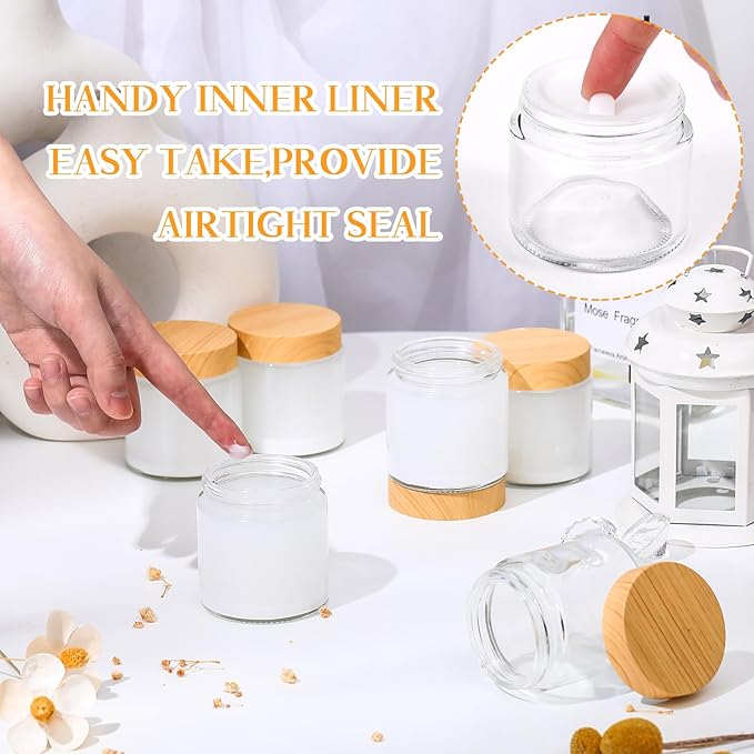 Norme 64 Pcs 4 oz Glass Jars with Lids Empty Small Glass Containers and Inner Liners Reusable Cosmetic Jars Round Airtight Bottles with Plastic Wood Grain Lids for Travel