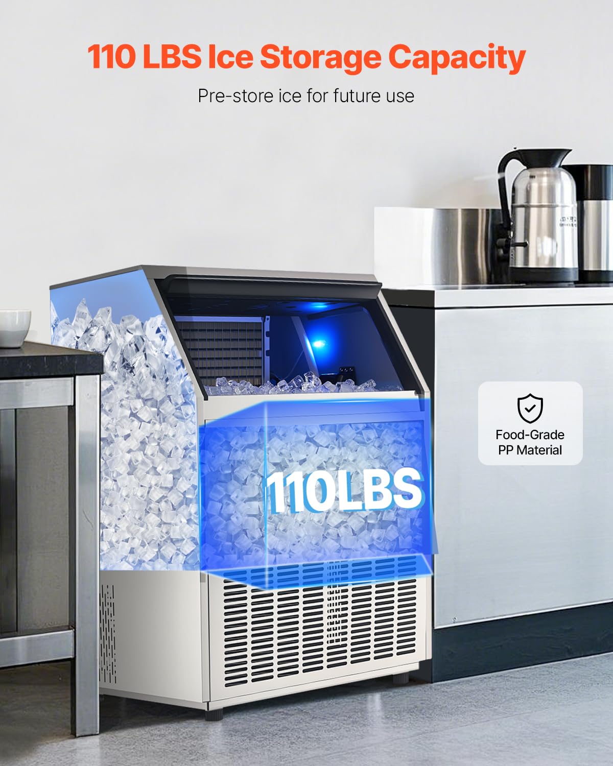 VEVOR Commercial Ice Maker Machine, 440lbs/24H Ice Maker Machine with 110lbs Storage Capacity, 160 Ice Cubes in 15 Minutes, LED Digital Display Freestanding Self-Cleaning for Bar Office Restaurant