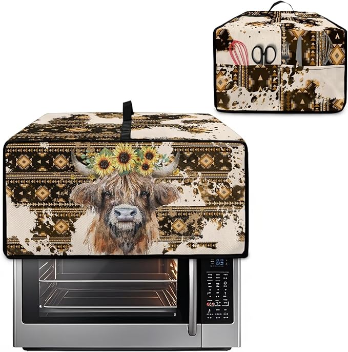Convection Toaster Oven Cover with Pockets, Easy to Clean, Smart Microwave Baking Oven Dust Cover for Countertop, M, Aztec Highland Cow Sunflower Tribal Pattern