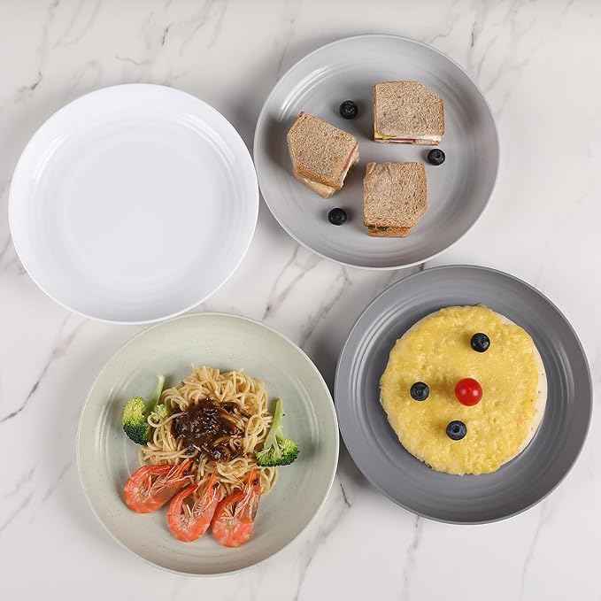 12 Pcs Unbreakable Deep Dinner Plates Set, 9 inch Reusable Plastic Wheat Straw Plates, Microwave and Dishwasher Safe Plate for Kitchen, Lightweight Plate for Dessert, BPA Free, White