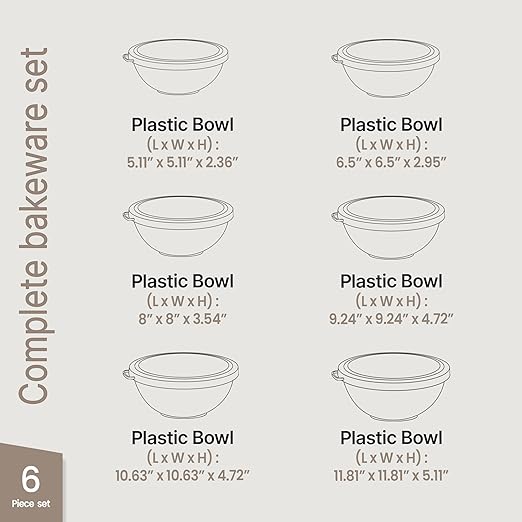 Bakken Master 12 Piece Plastic Nesting Bowls with Lids - Mixing Bowls Set includes 6 Prep Bowls and 6 Lids, BPA-Free, Reusable Meal Prep Containers, Microwave, Freezer & Dishwasher Safe, Gray