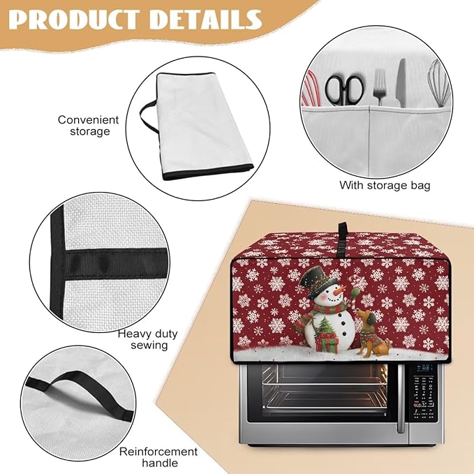 Toaster Oven Dust Cover with Storage Pockets, Protective Decorative Smart Oven Cover for for Kitchen Countertop, L, Snowman Dachshund Dog Snowflake Red Christmas Decor