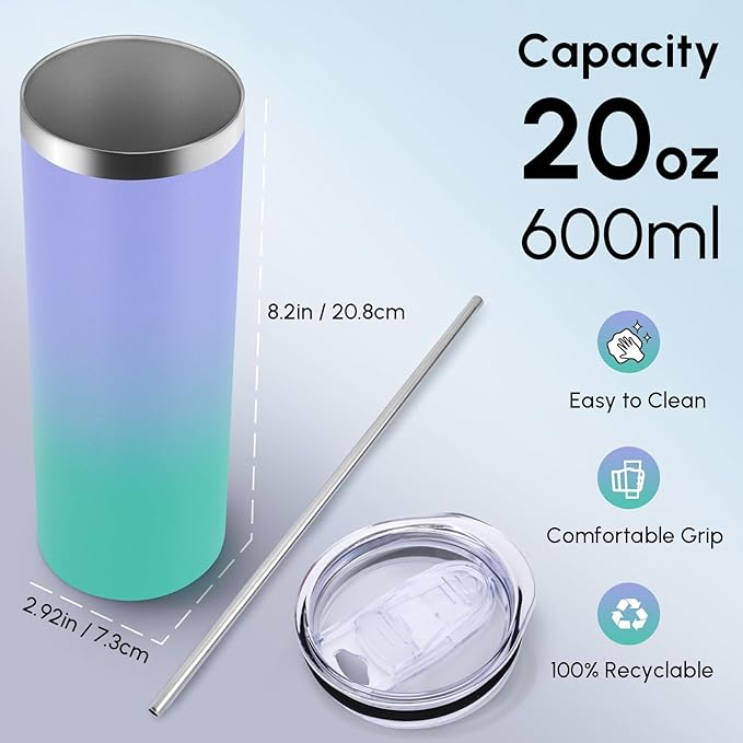 Volhoply 20 oz Skinny Tumbler with Lid and Straw, Stainless Steel Straight Tumblers Cup, Vacuum Insulated Coffee Mug for Home, Office, Travel, DIY (Purple Green,1 Pack)