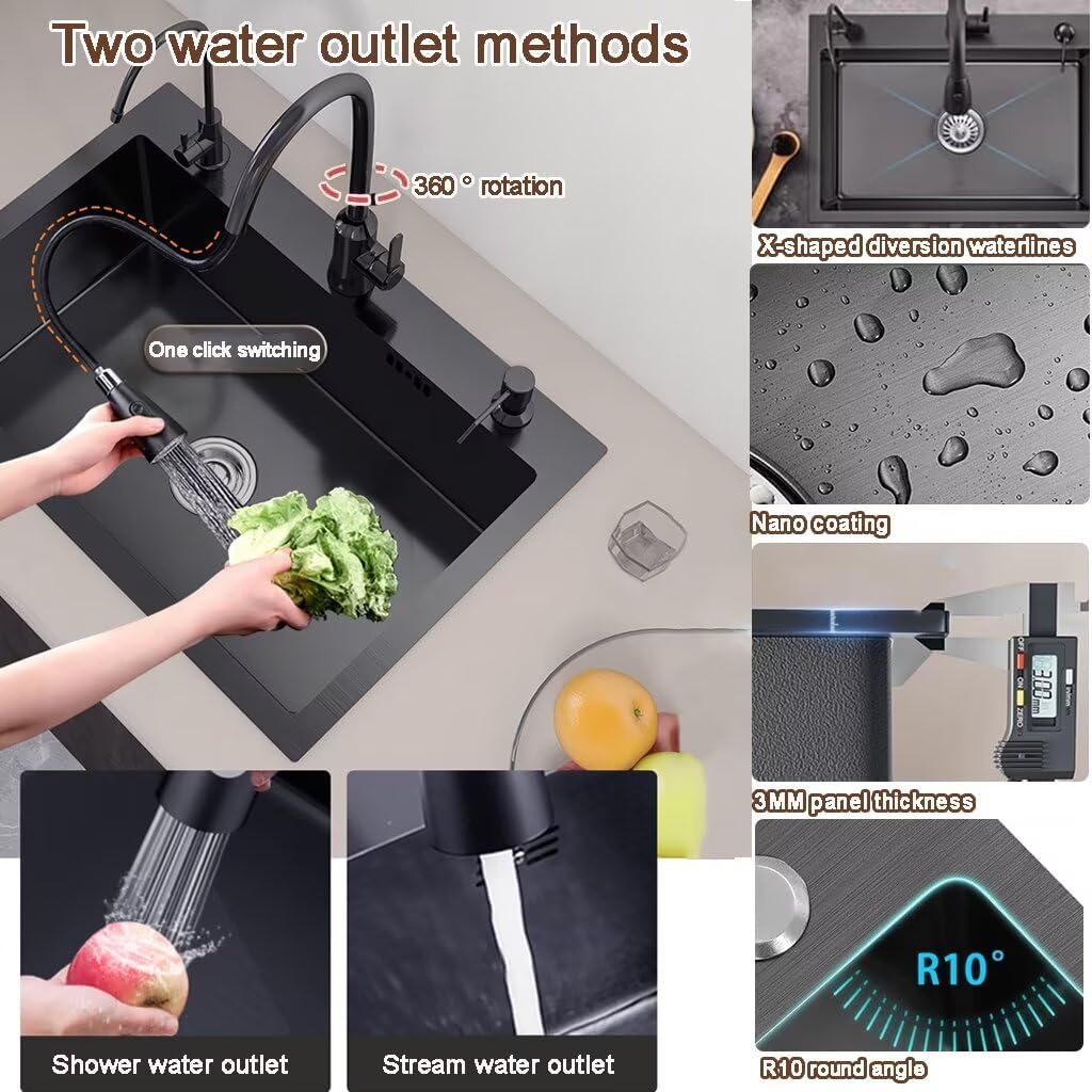 Black Drop in Kitchen Sink, Stainless Steel Single Bowl Sink with 3 Holes, Topmount Workstation Sink, Farmhouse Rectangle Basin with Multiple Accessories (31.5 * 19.7 * 7.9in)
