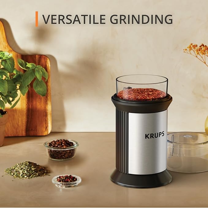 KRUPS Electric Blade Coffee Grinder 1.6 Oz, Adjustable Coarse to Fine for the Perfect Espresso, Grind Coffee Beans, Spices & Herbs, Removable Dishwasher Safe Bowl, Stainless Steel