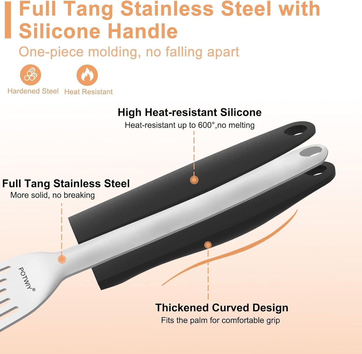 Fish Spatula Stainless Steel, Slotted Turner with Silicone Handle and Curved Blade, Metal Spatula for Cast Iron Skillet, Kitchen Cooking Flipper for Fish, Egg and Burger, 11.7 Inch