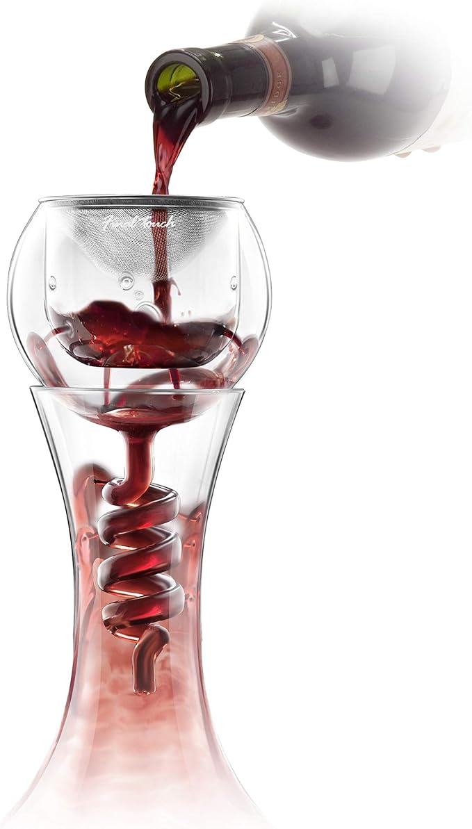 Final Touch Glass Twister Aerator Decanter - Wine Oxygenation System, 3 Phase Aeration, Stainless Steel Filter, Globe Design, Adapter & Stand (WDA918)