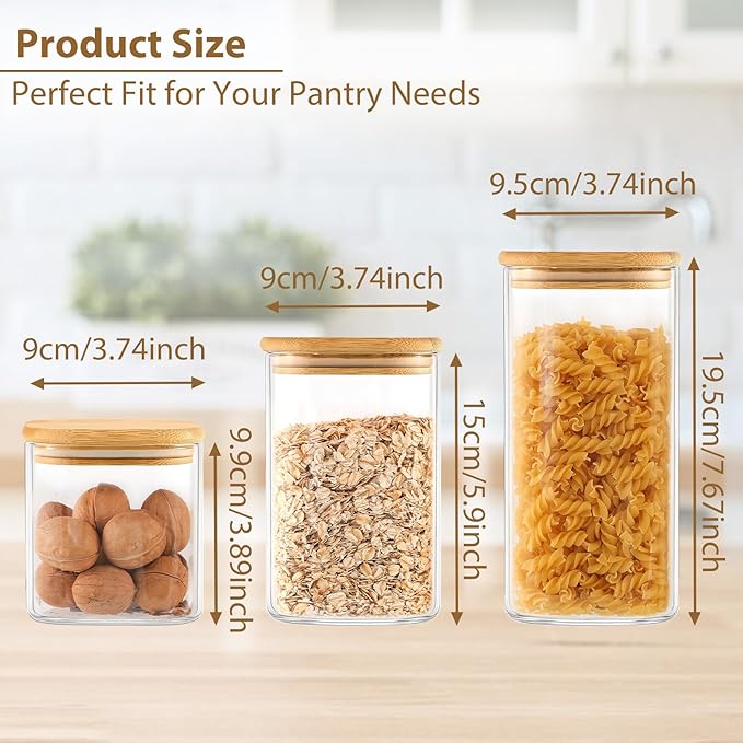 TBWIND 6 Pack Square Glass Storage Containers with Bamboo Lids (24oz/37oz/51oz) – Clear Food Airtight Canisters Sets for The Kitchen, Glass Jars for Coffee Beans, Coffee, Flour, Snacks, Spices
