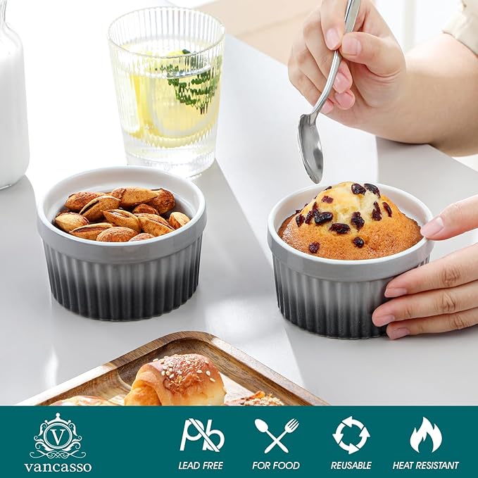 vancasso 8 oz Ramekins with Lid, Porcelain Creme Brulee Souffle Dishes, Grey Pudding Custard Cups Ramiken for Baking, Dishwasher and Oven Safe, Set of 6