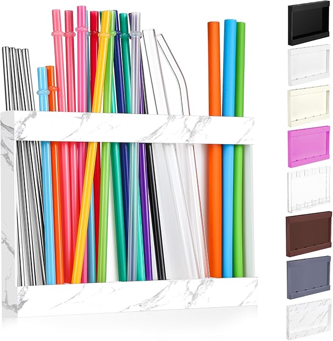 Qinyoung Acrylic Straw Holder for Cabinet Door with Double Sided Adhesive Tape Reusable Straw Organizer Tumbler Storage Kitchen Accessories Container for Counter Cupboard(Marble Texture,Large,White)