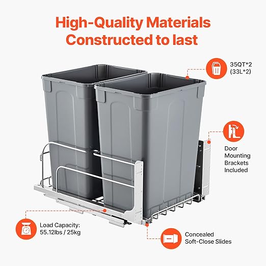 VEVOR Pull-Out Trash Can, 35 QT x2 Double Under Mount Kitchen Waste Container, Heavy Duty Garbage Recycling Bin with Door Kit and Soft Close Slide, for Kitchen Cabinet, Sink, Under Counter (Grey)