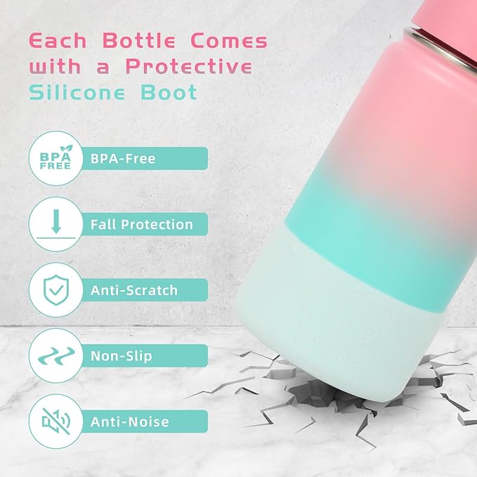 Volhoply 14oz KIds Water Bottle with Straw Lid and Silicone Boot Bulk 2 Pack,Stainless Steel Insulated Cups for Boys & Girls Multipack,Double Wall Vacuum Leakproof Bottles(Pink Green,2)